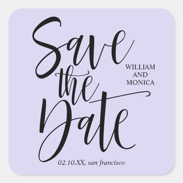 Bold Calligraphy Black Lavender modern wedding Square Sticker (Front)