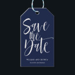 Bold Calligraphy Navy Blue WEDDING SAVE THE DATE Gift Tags<br><div class="desc">Announce your upcoming wedding with our Bold Calligraphy in white color against navy blue background for this trendy and modern save the date. For help or custom request (no charges) please contact us at citronelladesign@gmail.com or visit our store
Perfect for nautical inspired wedding.</div>