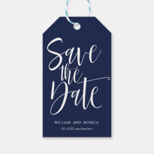 Bold Calligraphy Navy Blue WEDDING SAVE THE DATE Gift Tags