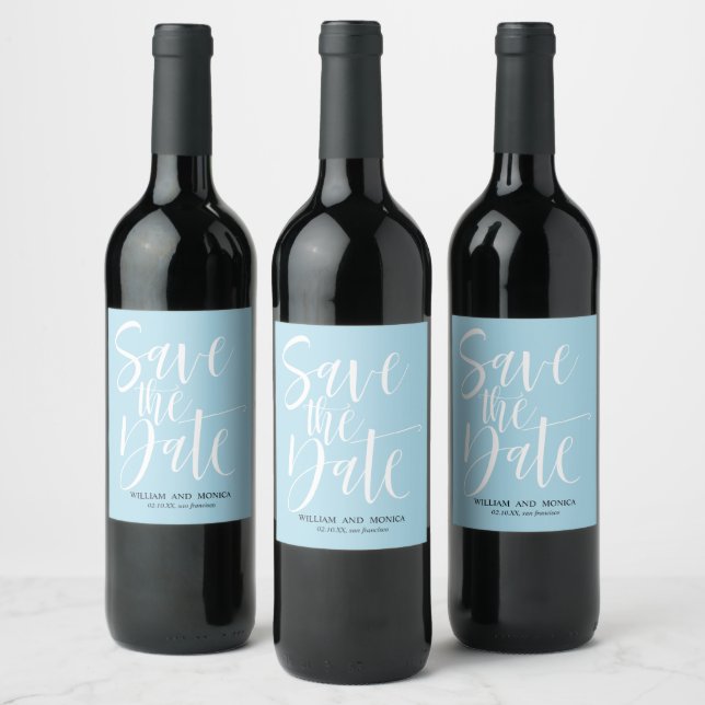 Bold Calligraphy White Azure modern save the date Wine Label (Bottles)