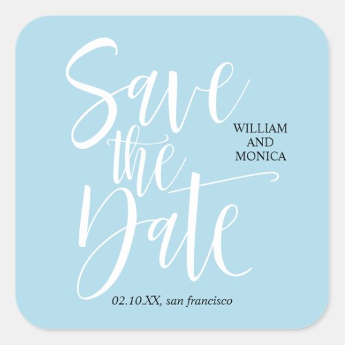 Bold Calligraphy  White Blue modern wedding Square Sticker