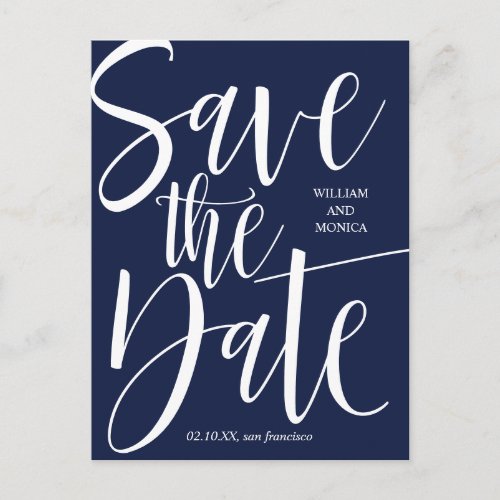 Bold Calligraphy  White navy blue modern wedding Announcement Postcard