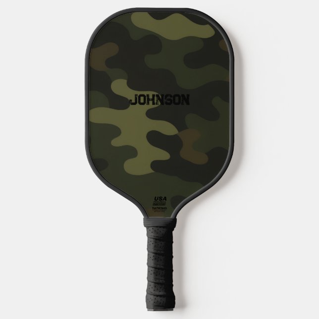 Bold Camo Earthy Greens Browns Customizable Name Carbon Fiber Pickleball Paddle (Front)