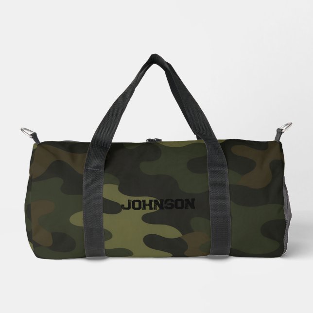 Bold Camo Earthy Greens Browns Personalize Name  Duffle Bag (Front)