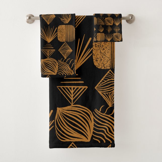 Bold Caribbean Tribal Mudcloth: Black, Gold Bath Towel Set (Insitu)