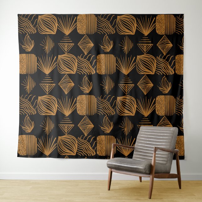 Bold Caribbean Tribal Mudcloth: Black, Gold Tapestry (In Situ (Horizontal))