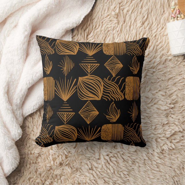 Bold Caribbean Tribal Mudcloth: Black, Gold Throw Pillow (Blanket)