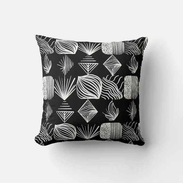 Bold Caribbean Tribal Mudcloth – Black & White,  Throw Pillow (Front)