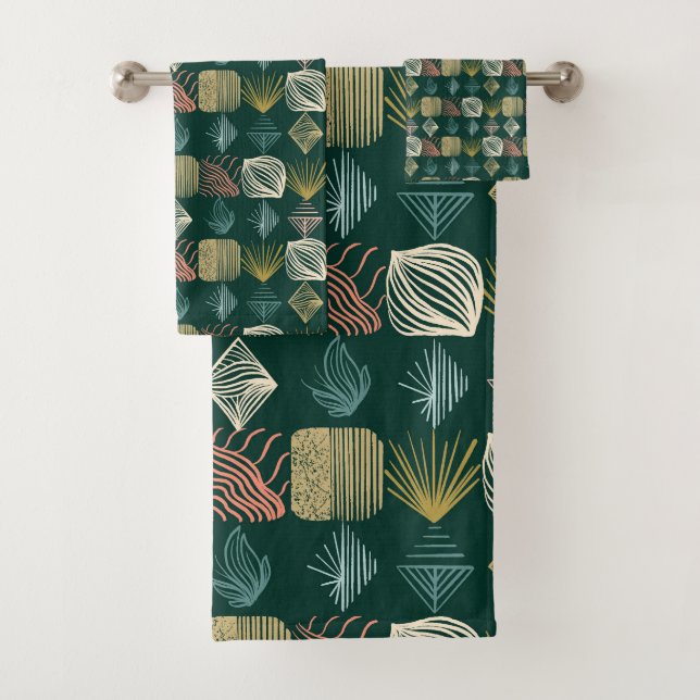 Bold Caribbean Tribal Mudcloth: Boho Teal Bath Towel Set (Insitu)