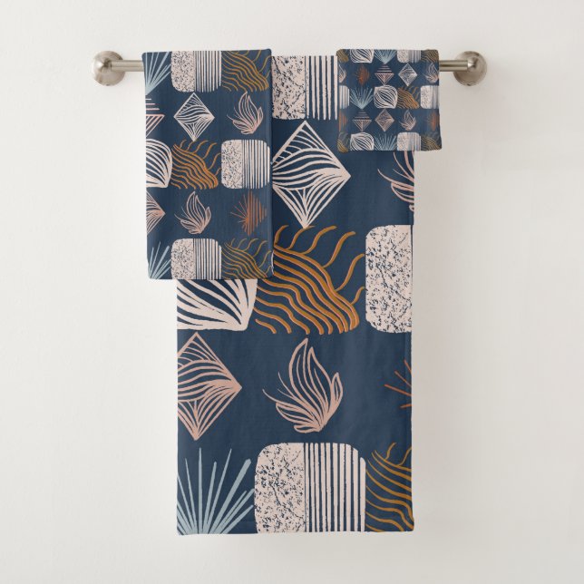 Bold Caribbean Tribal Mudcloth: Navy Blue, Boho Bath Towel Set (Insitu)