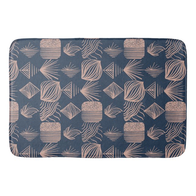 Bold Caribbean Tribal Mudcloth: Navy Blue, Pink Bath Mat (Front)