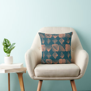 Bold Caribbean Tribal Mudcloth: Teal, Coral Throw Pillow