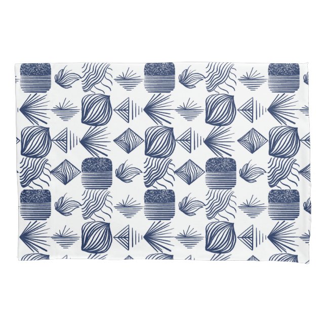 Bold Caribbean Tribal Mudcloth: White, Navy Blue Pillow Case (Front)