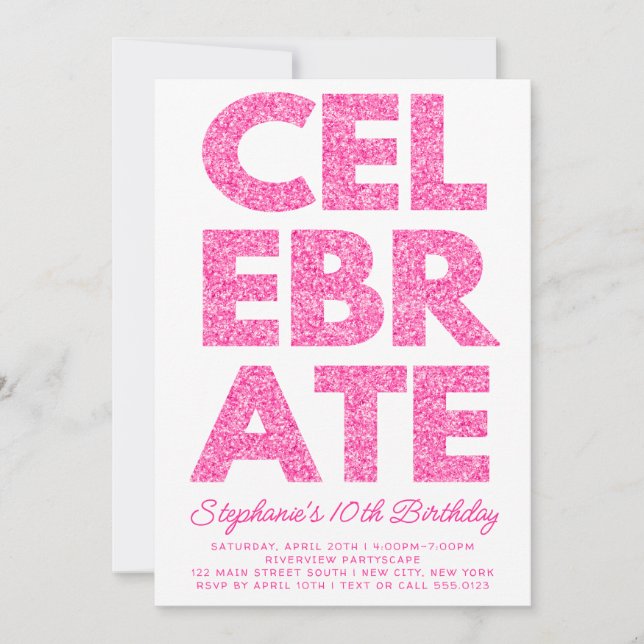 Bold CELEBRATE Hot Pink Glitter Birthday Invitation (Front)