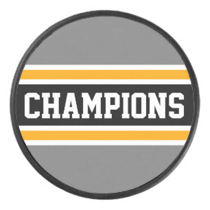 Bold CHAMPIONS Athletic Gray Black Orange Stripes Hockey Puck