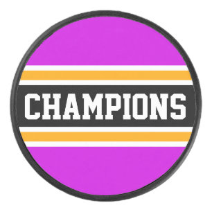 Bold CHAMPIONS Athletic Pink Black Orange Stripes Hockey Puck