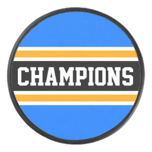 Bold CHAMPIONS Bright Blue Orange Black Stripes Hockey Puck