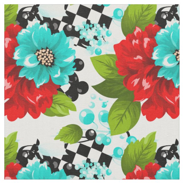 Bold Checkerboard Florals Fabric (Close Up)