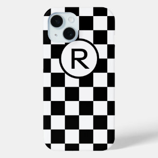 Bold Checkered Black and White with Monogram iPhone 15 Case