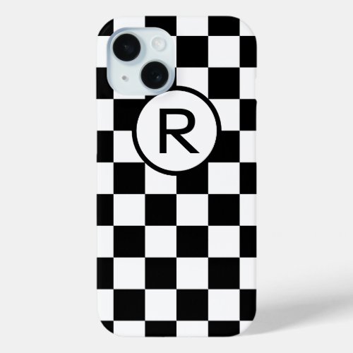 Bold Checkered Black and White with Monogram iPhone 15 Case