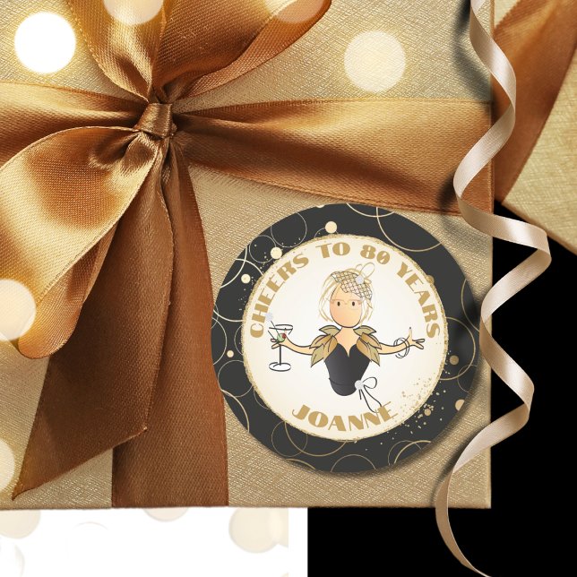 Bold Cheers to 80 for Her Gold Black 80th Birthday Classic Round Sticker (Creator Uploaded)