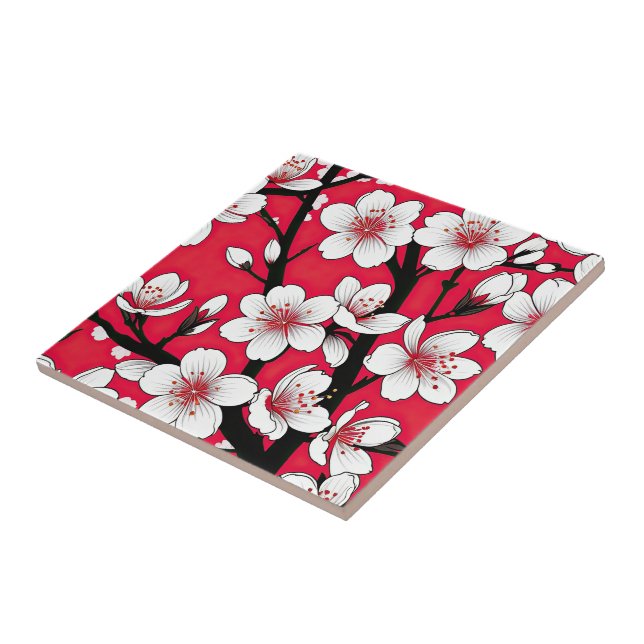 Bold Cherry Blossom Illustration on Red Ceramic Tile (Side)