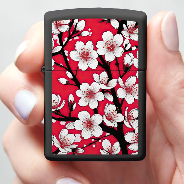 Bold Cherry Blossom Illustration on Red Zippo Lighter (In Hand)