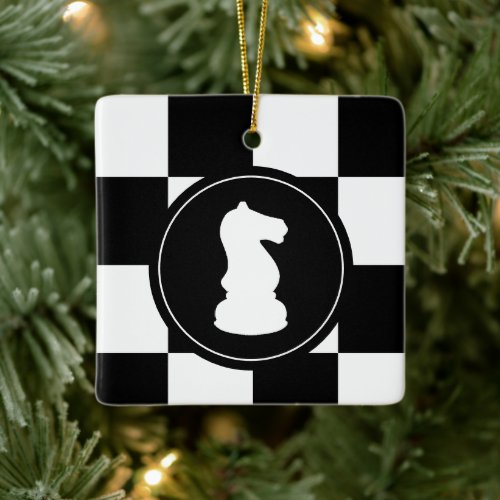 Bold Chessboard Chess Knight Christmas Ceramic Ornament
