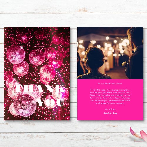 Bold Chic Hot Pink Glitter Retro Disco Ball Photo Thank You Card