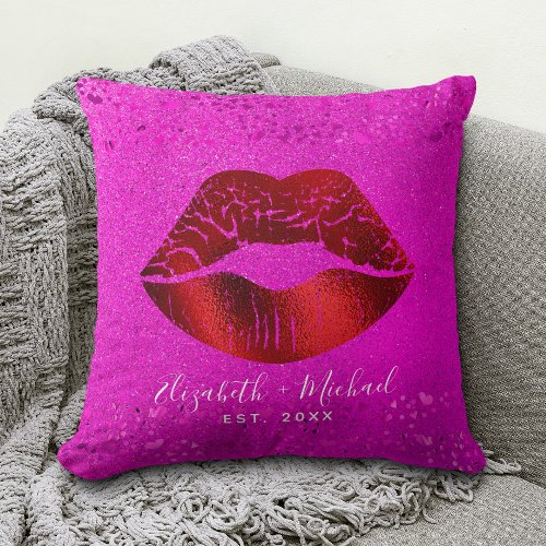 Bold Chic Red Foil Lips Pink Glitter Custom Names Throw Pillow