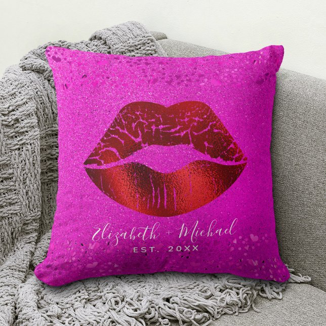 Bold Chic Red Foil Lips Pink Glitter Custom Names Throw Pillow (Creator Uploaded)