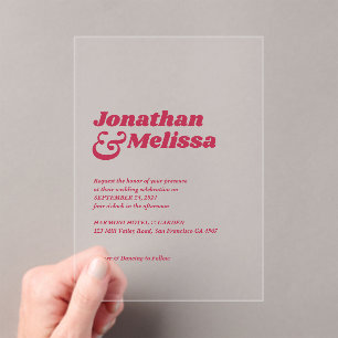 Bold Chic Retro Hot Pink Typography Wedding Acrylic Invitations