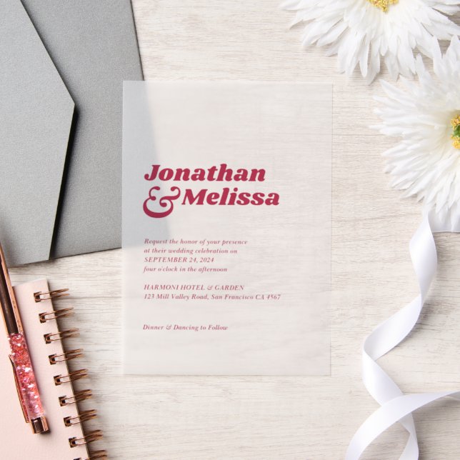 Bold Chic Retro Hot Pink Typography Wedding  Vellum Invitations (Wedding)