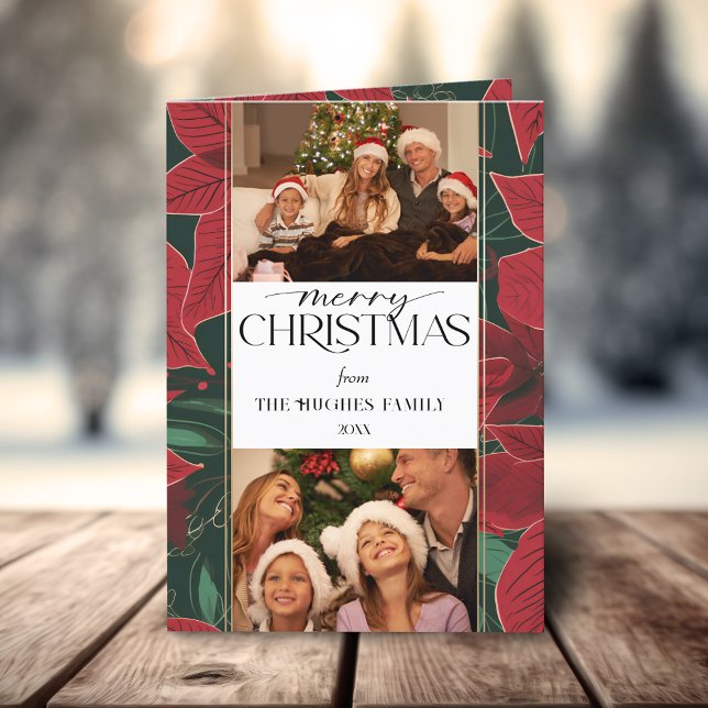 Bold Christmas Poinsettia Botanical 2-Photo Holiday Card (Creator Uploaded)