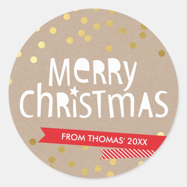 BOLD CHRISTMAS TYPOGRAPHY cool gold confetti kraft Classic Round Sticker (Front)