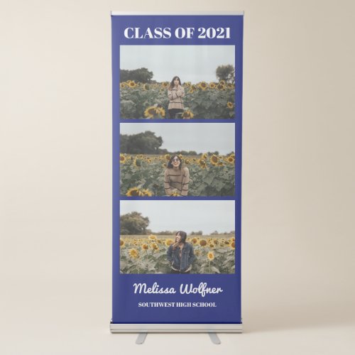 Bold Class of 2021 Grad Navy Blue Three Photo Bann Retractable Banner