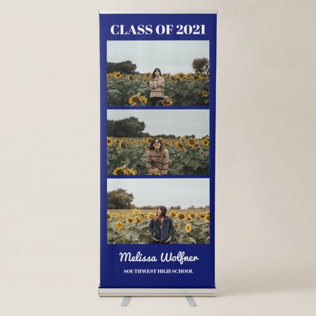 Bold Class of 2021 Grad Navy Blue Three Photo Bann Retractable Banner (Front)