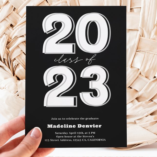 Bold class of 2023 script black photos graduation invitation (Creator Uploaded)