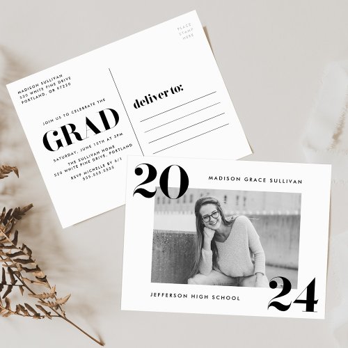 Bold Class of 2024 Black Photo Graduation Party Invitation Postcard