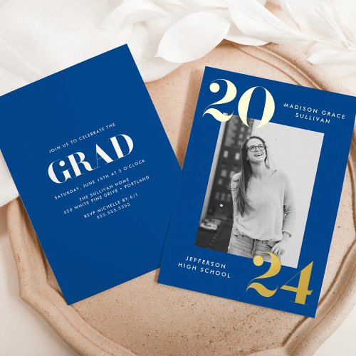 Bold Class of 2024 Blue Photo Graduation Foil Invitation