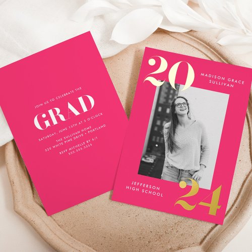 Bold Class of 2024 Hot Pink Photo Graduation Foil Invitation