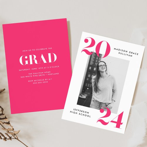 Bold Class of 2024 Pink Photo Graduation Party Invitation