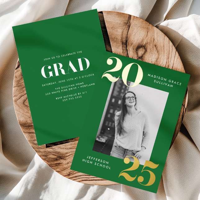 Bold Class of 2025 Green Photo Graduation Foil Invitation (Creator Uploaded)