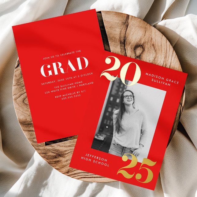 Bold Class of 2025 Red Photo Graduation Foil Invitation (Creator Uploaded)