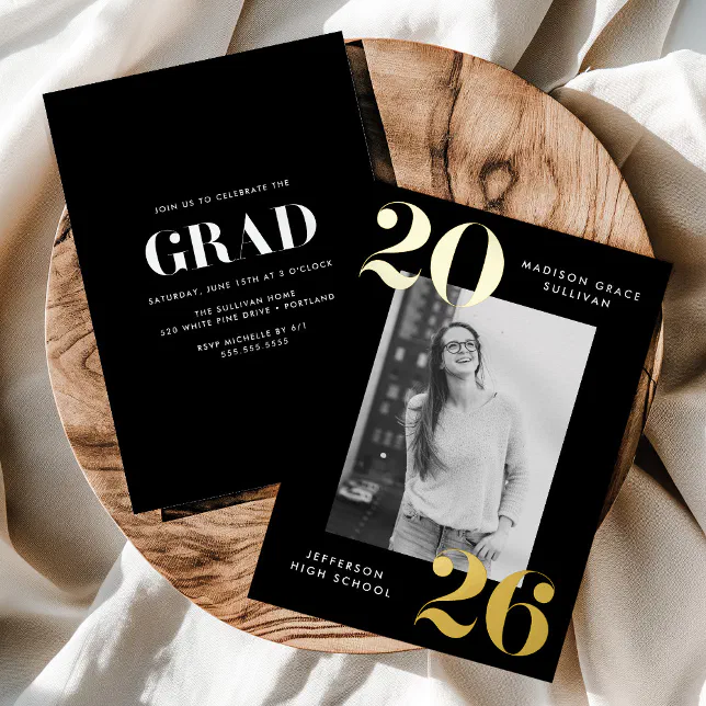 Bold Class of 2026 Black and Gold Photo Graduation Foil Invitation | Zazzle