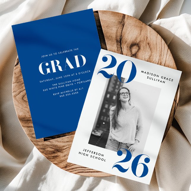 Bold Class of 2026 Blue Photo Graduation Party Invitation (Creator Uploaded)