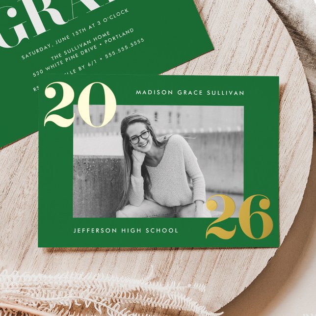 Bold Class of 2026 Green Photo Graduation Foil Invitation (Creator Uploaded)