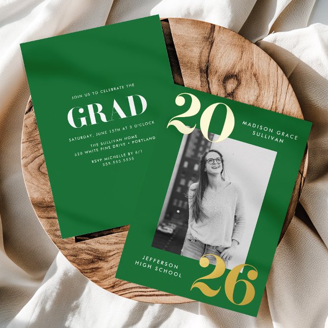 Bold Class of 2026 Green Photo Graduation Foil Invitation (Creator Uploaded)