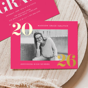 Bold Class of 2026 Hot Pink Photo Graduation Foil Invitation