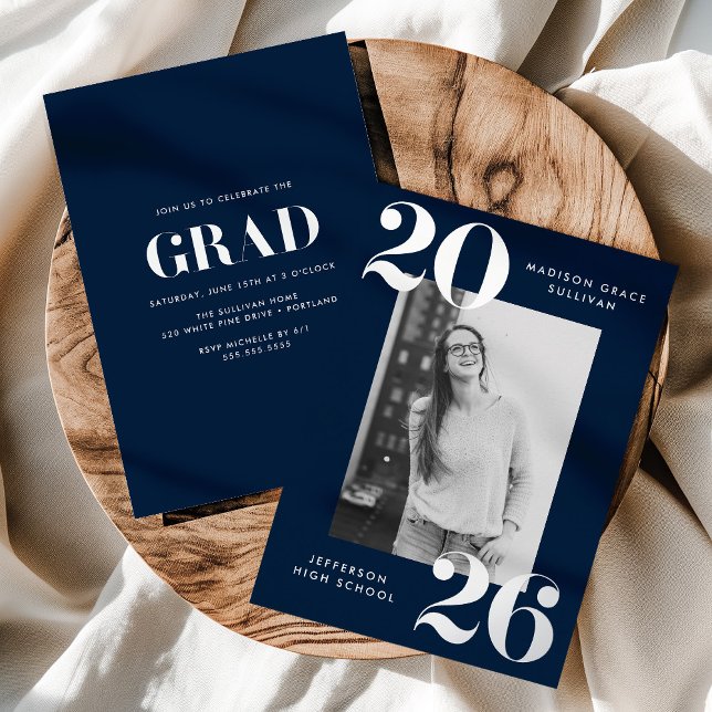 Bold Class of 2026 Navy Photo Graduation Foil Invitation (Creator Uploaded)